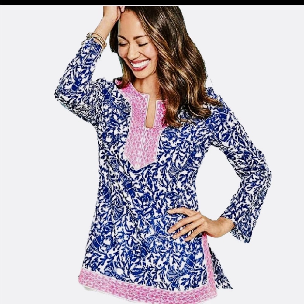 Lily Pulitzer Floral Navy and Pink Women's Top Size Small